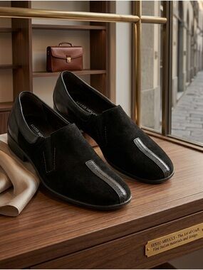Sesto Meucci Black Suede Slip-On Loafers with Leather Accent